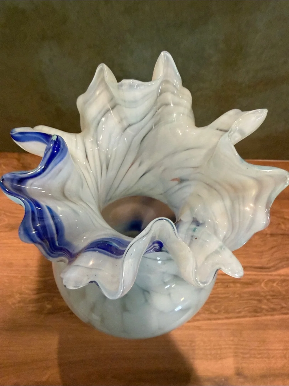 White and Blue Art Glass Ruffled Vase